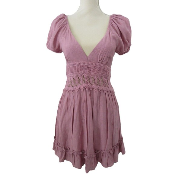 Lulus Better With You Mauve Purple Lace Puff Sleeve Mini Dress V-Neck Crochet S - Picture 2 of 12